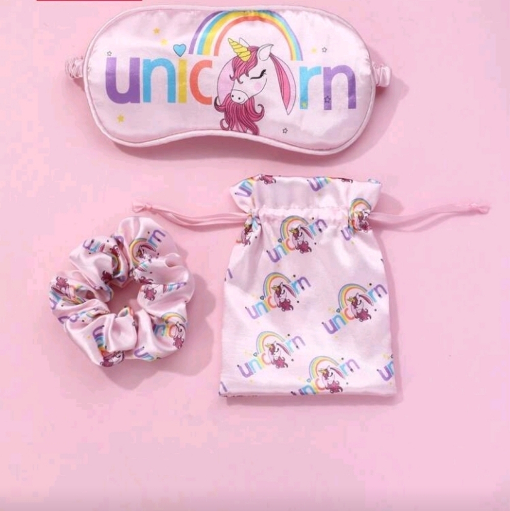 Cute Pink Unicorn Sleep Mask Scrunchie And Pouch Satin Accessory Set
